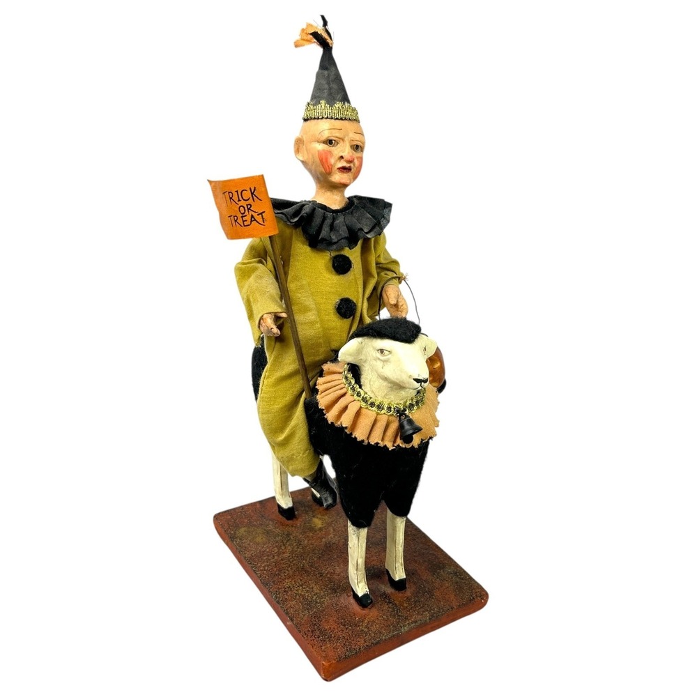 Bethany Lowe Halloween Jester Clown on Sheep w/ Trick Treat Flag Jack o Lantern